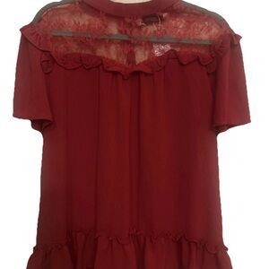 Angela Plus Red Lace Accent Romantic Feminine Blouse Short Sleeves 1X